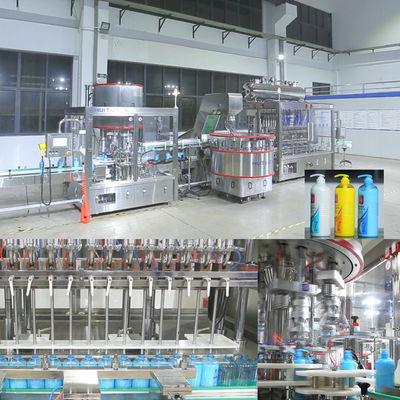 Enchimento do champô e máquina tampando